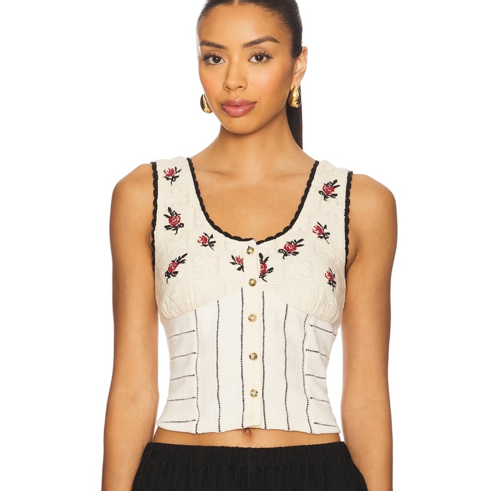 Free People Ivory and Black Embroidered Top